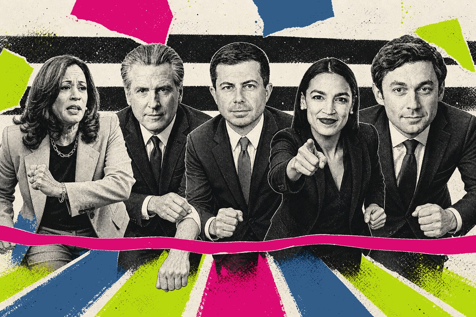 Kamala Harris, Gavin Newsom, Pete Buttigieg, Alexandria Ocasio-Cortez and Jon Ossoff at the starting line
