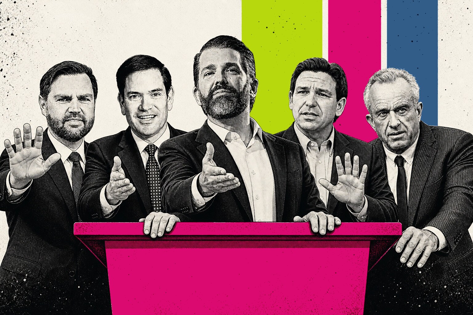 JD Vance, Marco Rubio, Donald Trump Jr., Ron DeSantis and Robert F. Kennedy Jr. jostling for one lectern