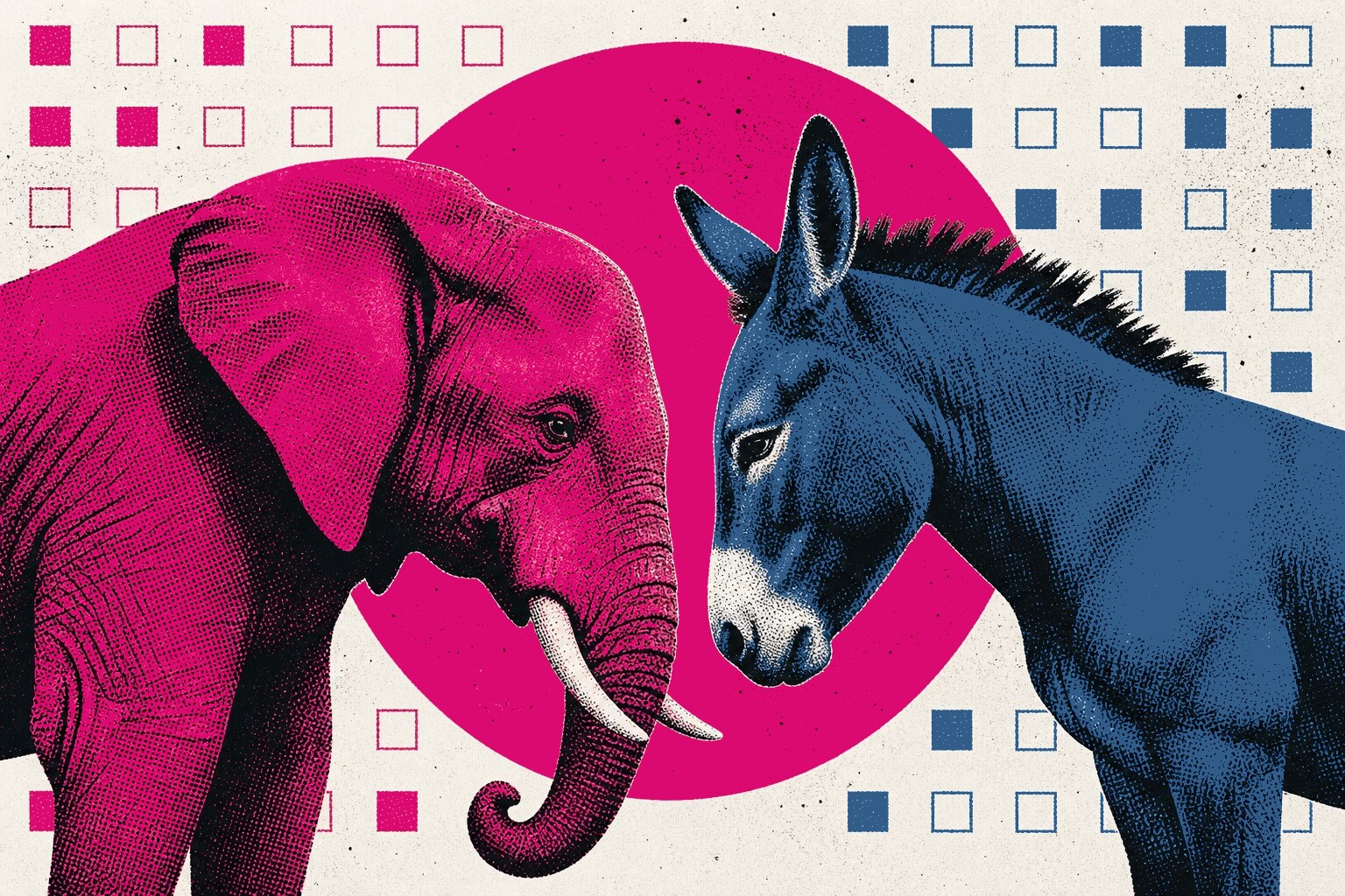 The Republican elephant and the Democratic donkey squaring off