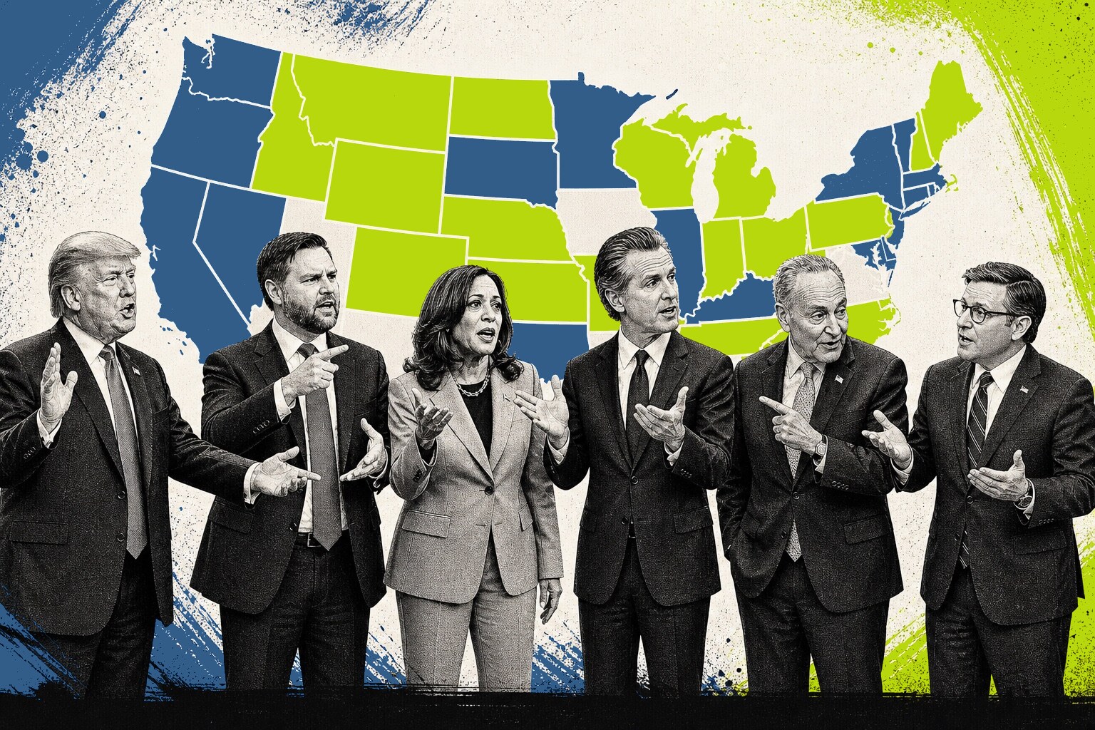 Donald Trump, JD Vance, Kamala Harris, Gavin Newsom, Chuck Schumer and Mike Johnson arguing in front of a Senate map