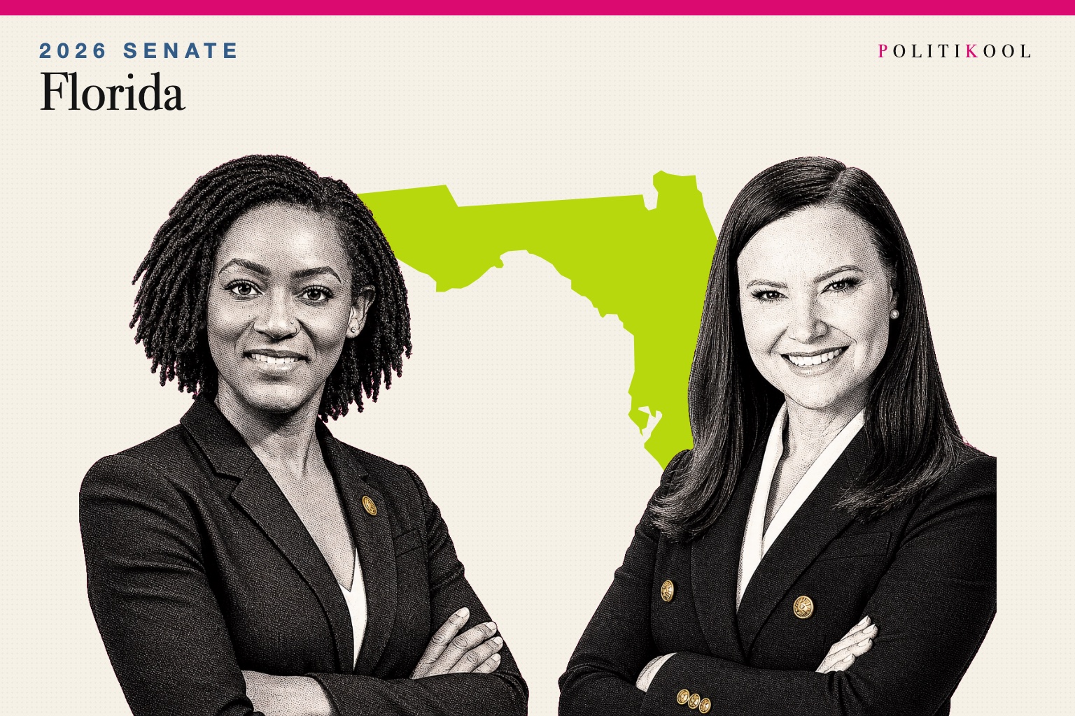 Angie Nixon and Ashley Moody over the outline of Florida
