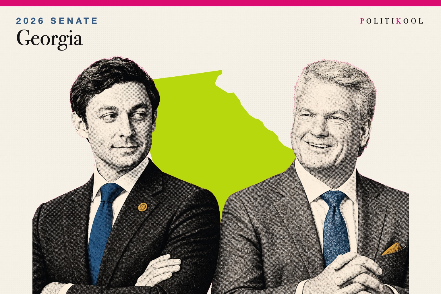 Jon Ossoff and Mike Collins over the outline of Georgia