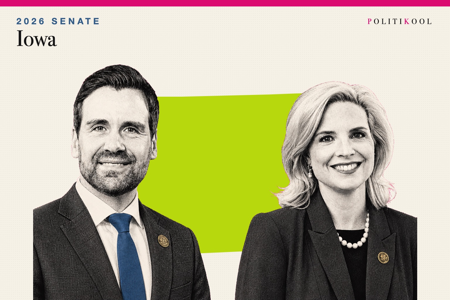 Josh Turek and Ashley Hinson over the outline of Iowa