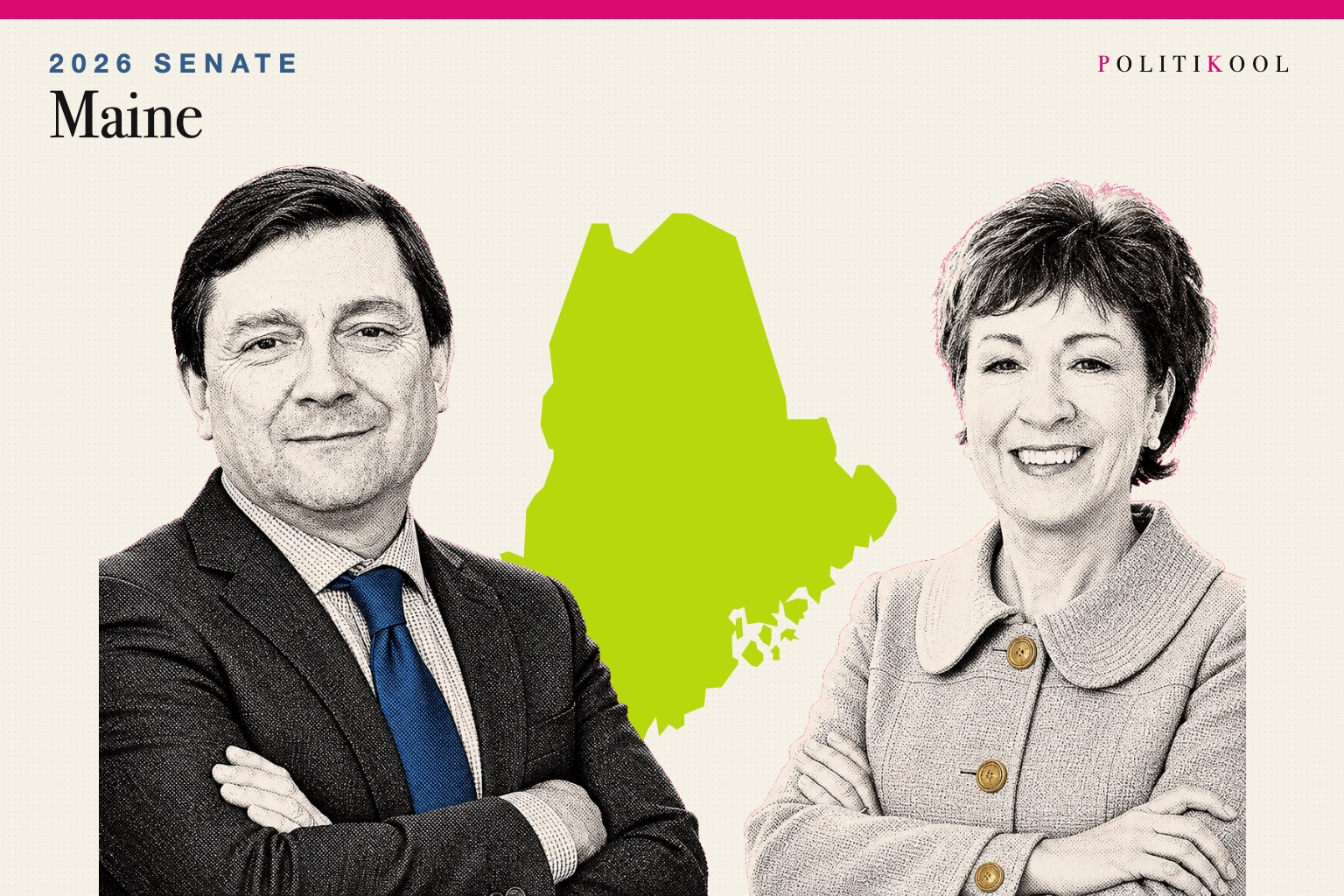 Troy Jackson and Susan Collins over the outline of Maine