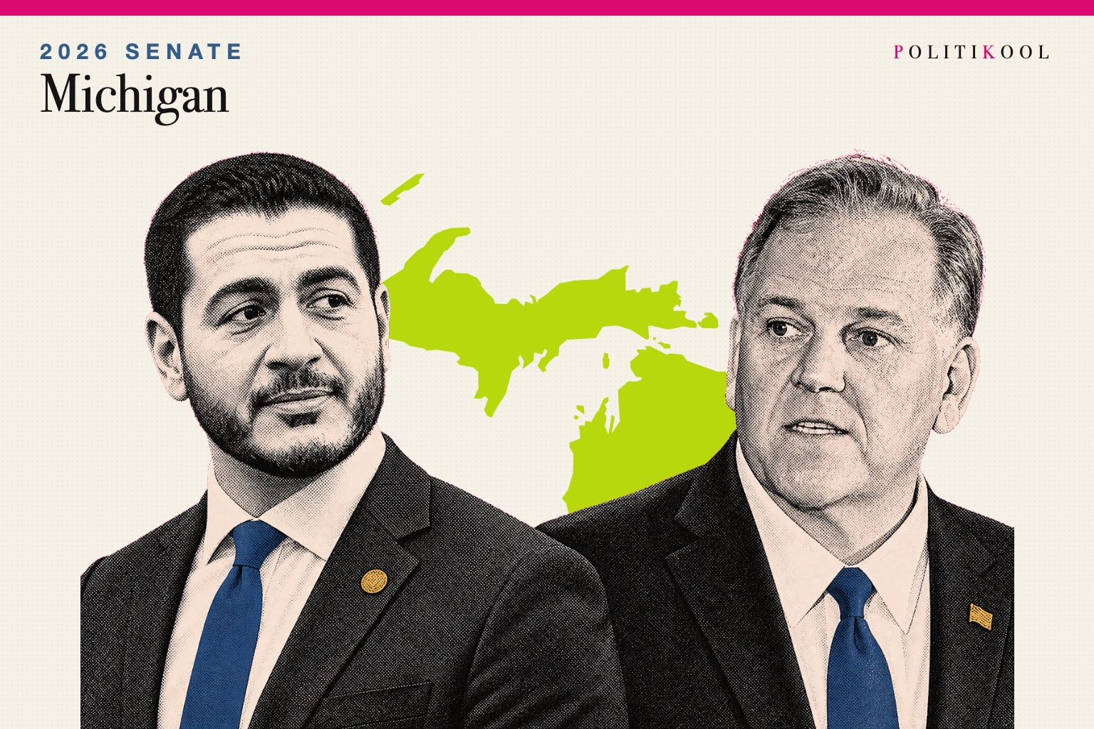 Abdul El-Sayed and Mike Rogers over the outline of Michigan