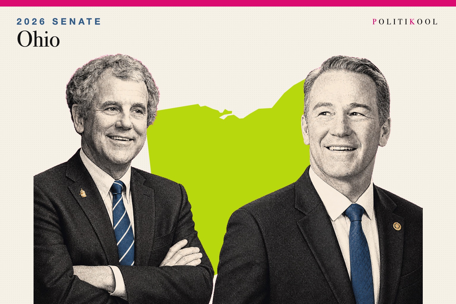 Sherrod Brown and Jon Husted over the outline of Ohio