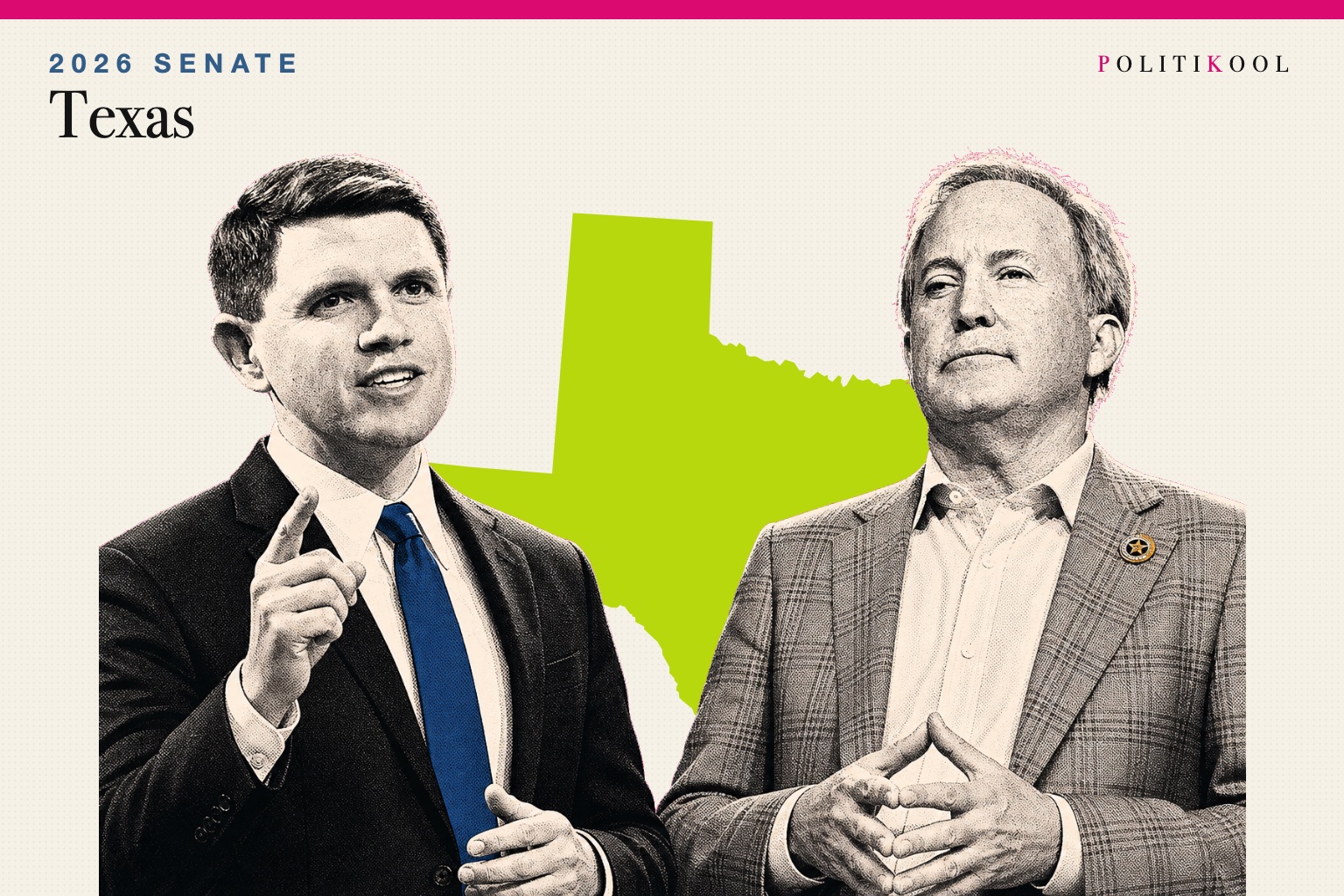 James Talarico and Ken Paxton over the outline of Texas
